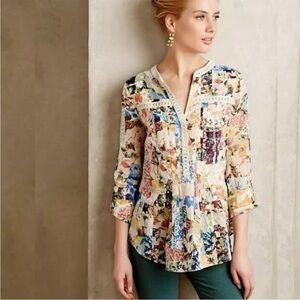 Maeve Abella Anthropologie Pintuck Boho Patchwork Watercolor Art Popover Blouse